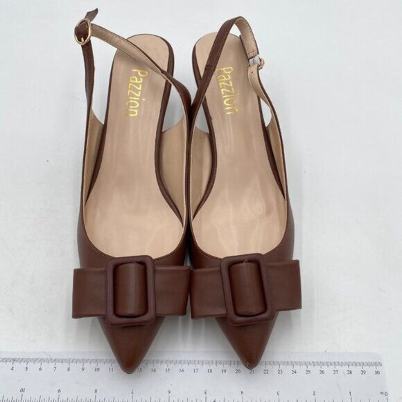 Pazzion Women Closed Pointy Toe Kitten Heel Slingback Pumps Buckles Slip On 9.5 - Picture 3 of 8